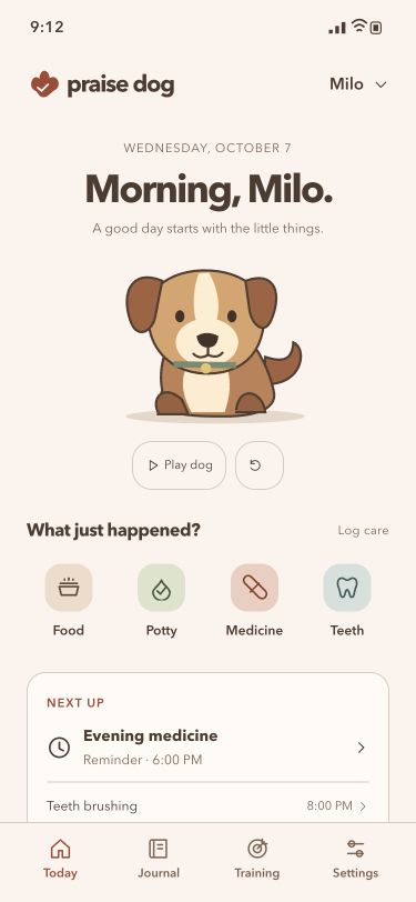 Companion design preview: Milo above Food, Potty, Medicine and Teeth care shortcuts, with an evening medicine reminder